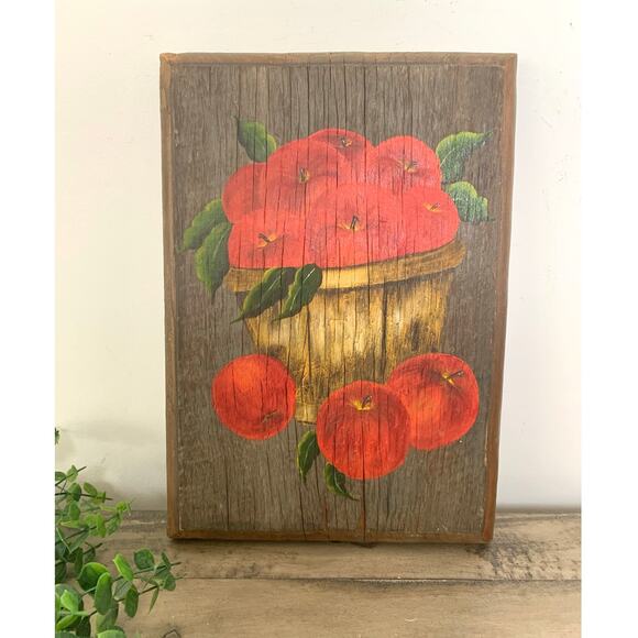 Vintage 1971 Hand-Painted Wooden Painting Apples in Basket Rustic Farmhouse Art - Picture 2 of 10
